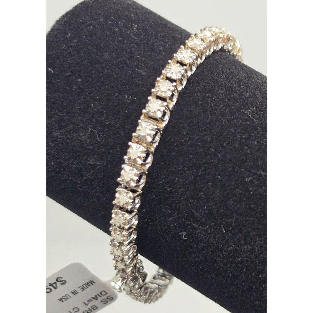 Sterling Silver JS925 1 CTW Diamond Tennis Bracelet 7.5" 14g Illusion Set Tested